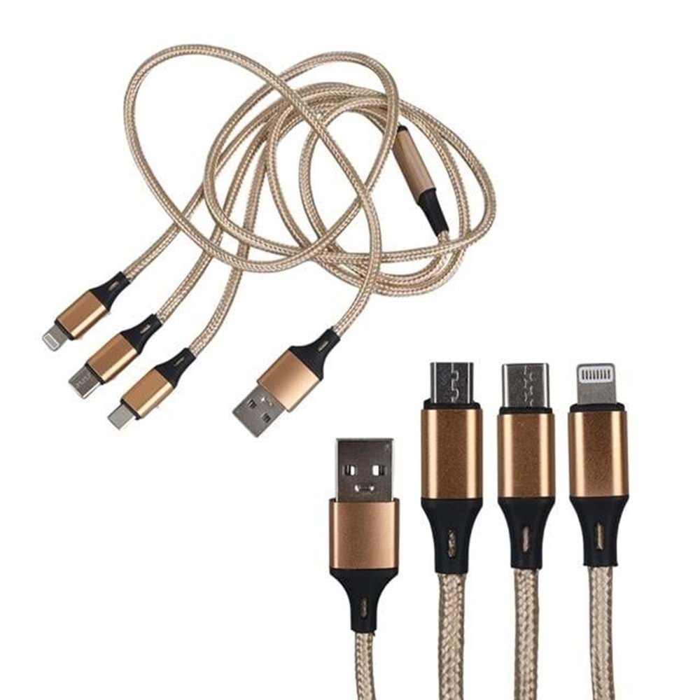 Powermaster PM-2368 Micro USB - Type-C - Lightning Şarj ve Data Kablosu 2.1 Amper 110CM Örgülü Beyaz -- KABLO