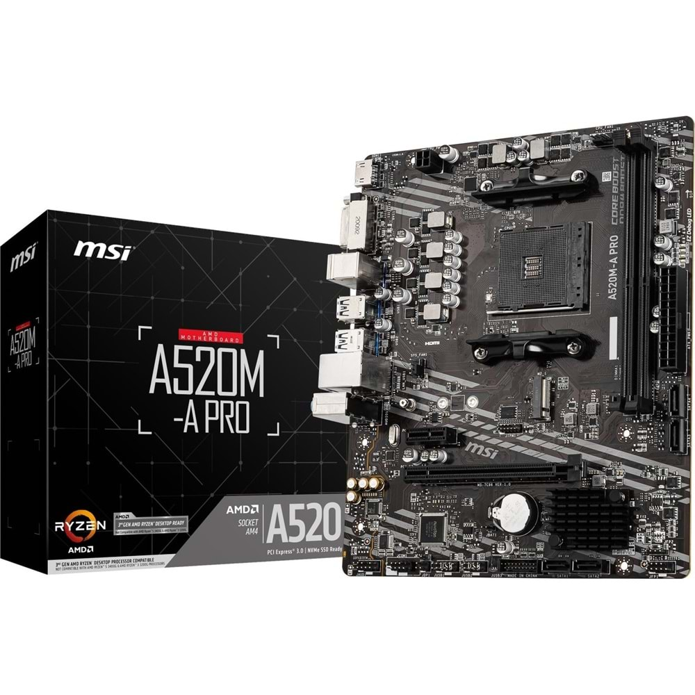 MSI A520M-A PRO Amd A520 Soket AM4 DDR4 4600 MHz(OC) M.2 Anakart