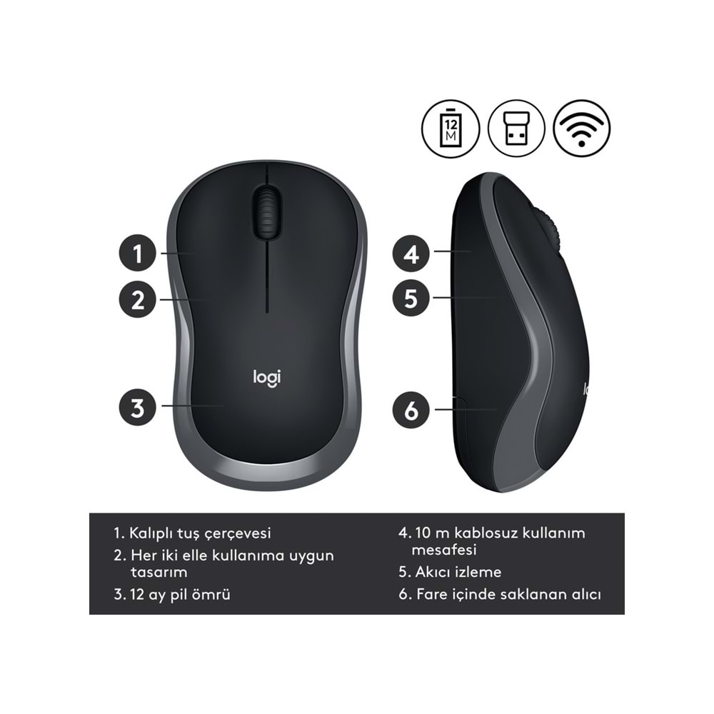 Logitech M185 USB Alıcılı Kompakt Kablosuz Mouse - Gri