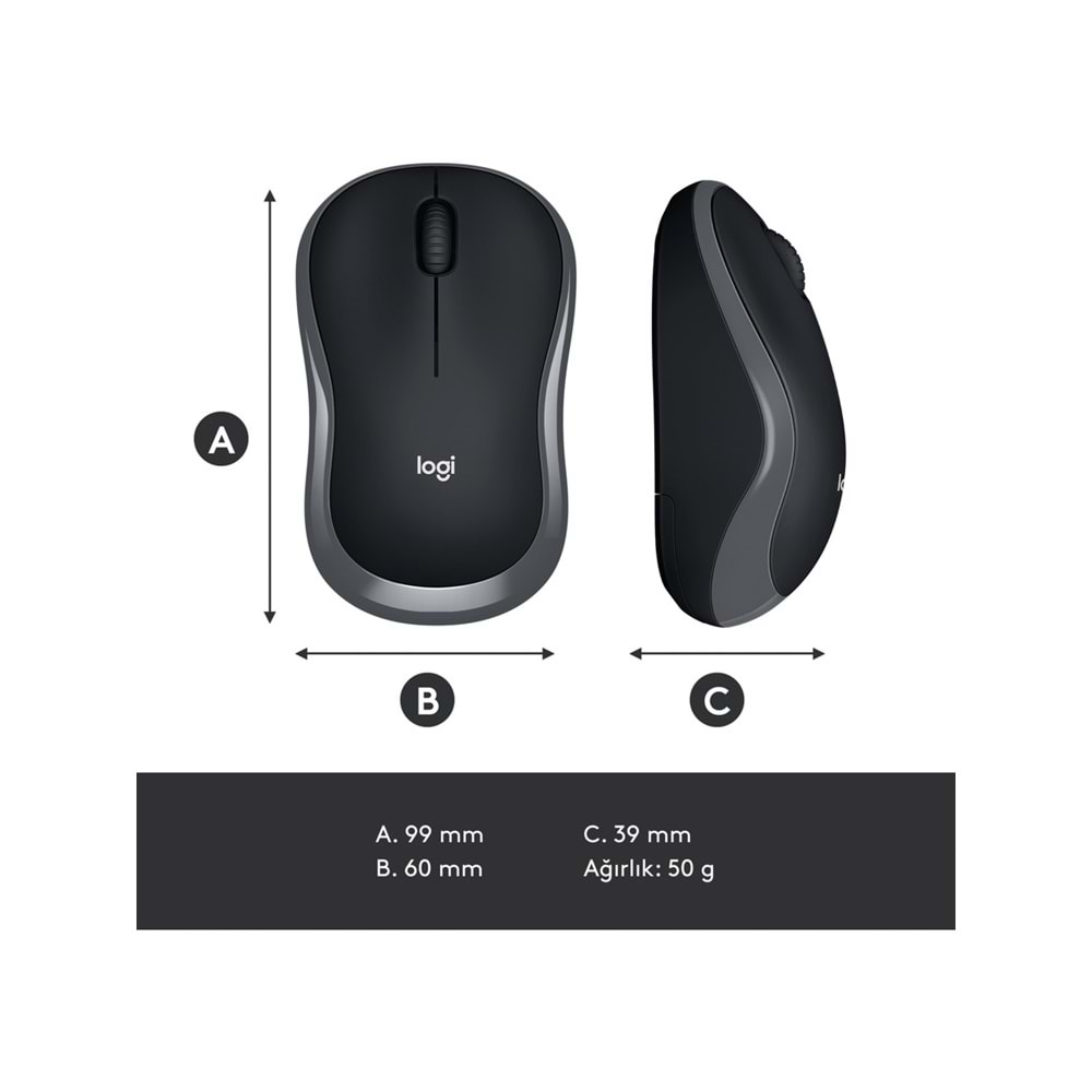 Logitech M185 USB Alıcılı Kompakt Kablosuz Mouse - Gri