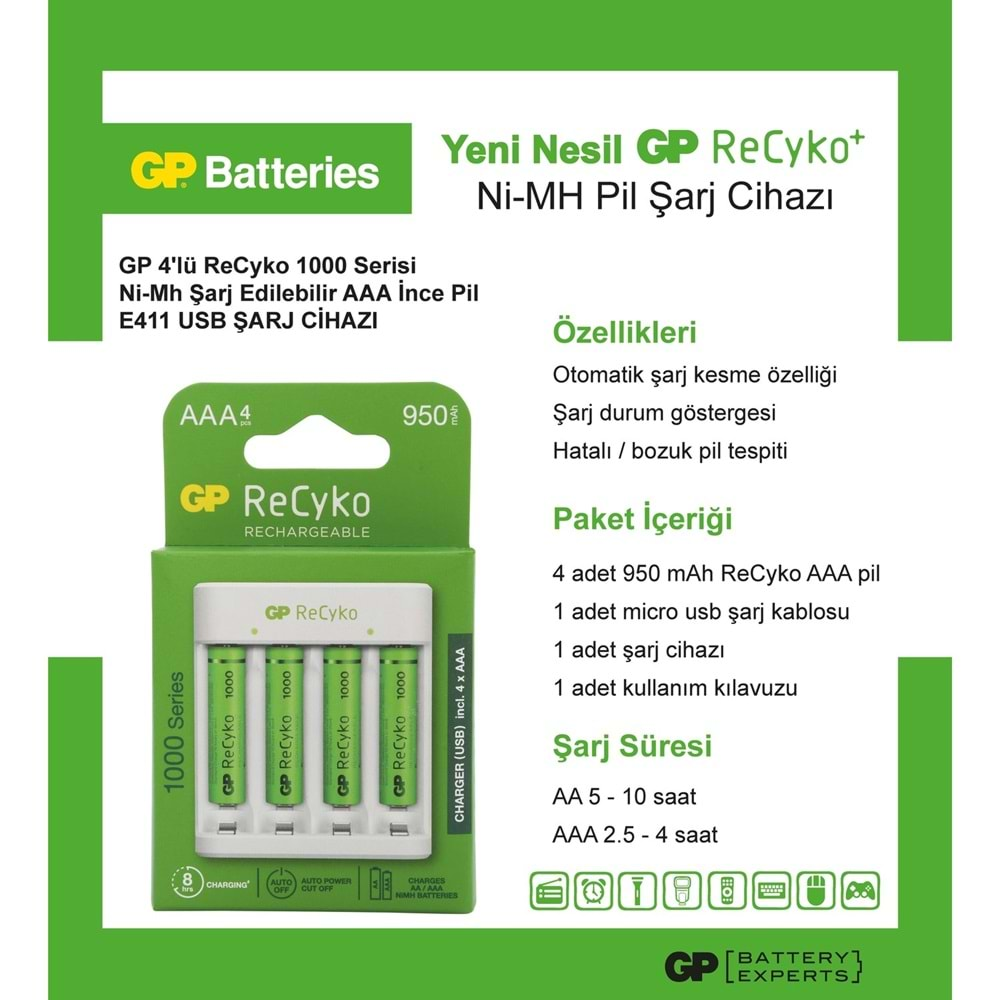 Gp Recyko E411 USB Aa-Aaa Şarj Cihazı Gp Recyko 1000 Serisi Aaa Ince Pil 4'lü