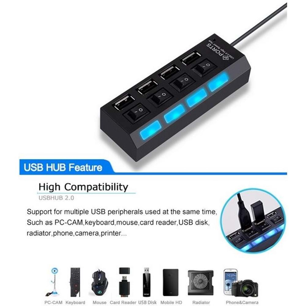 4 Port Usb 2.0 Hub Çoğaltıcı Çoklayıcı Switch Işıklı Anahtarlı AL4863