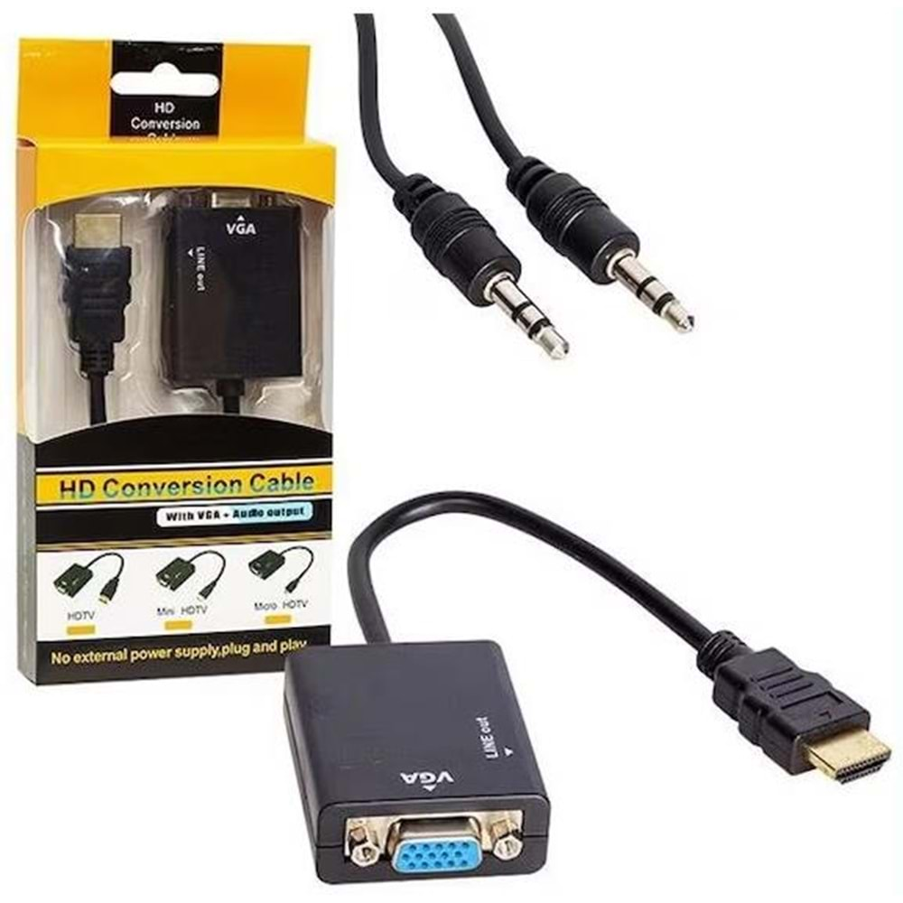 Hdmi To Vga Ses Destekli Monitör Dönüştürücü Kablo Çevirici Adaptör 4289