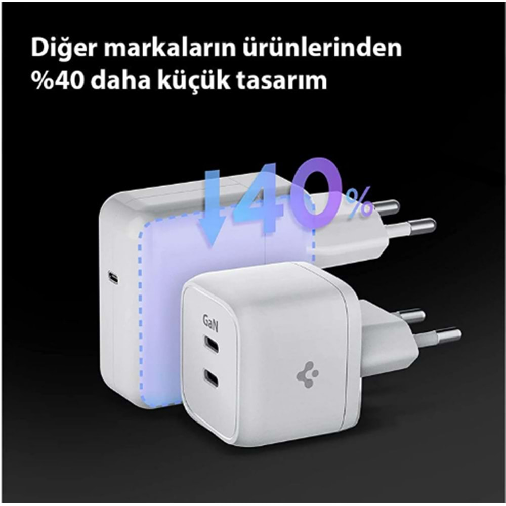 Spigen 35W USB-C Güç Adaptörü 2 Port GaN Tech (Şarj Isısını Düşürür) 25W/30W Samsung PPS Destekli Type-C Hızlı iPhone & Android & iPad & Macbook Şarj Cihazı ArcStation PE2104 White - ACH03714