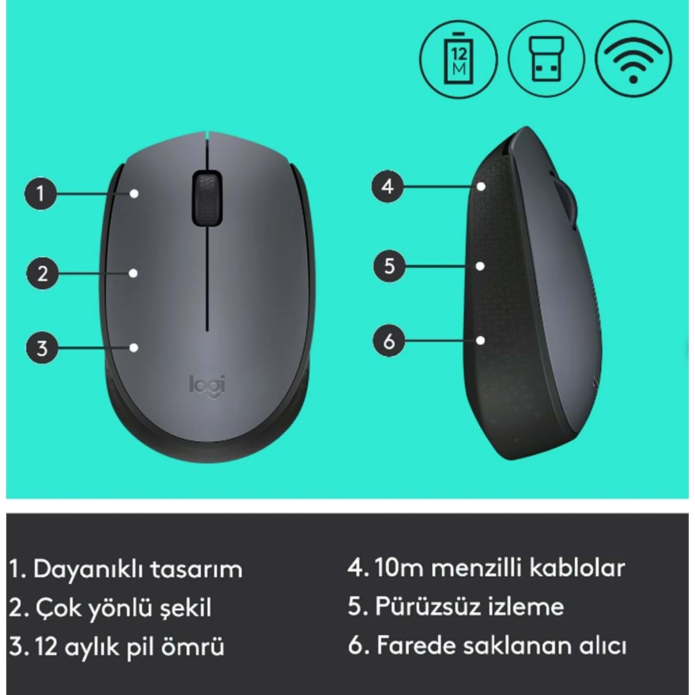 Logitech M170 USB Alıcılı Kablosuz Kompakt Mouse - Gri