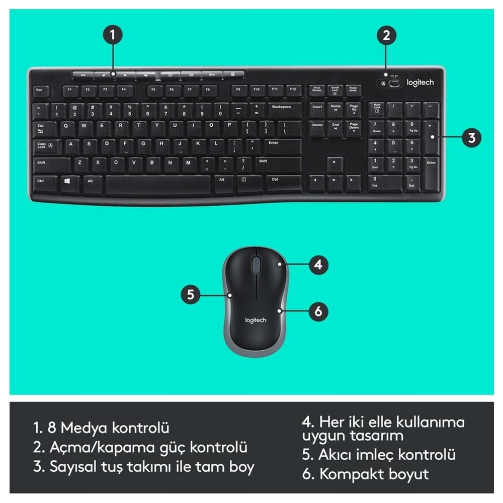 logitech Mk270 920-004525 Nano Usb Q Tr Optik Siyah Kablosuz Klavye Mouse Set