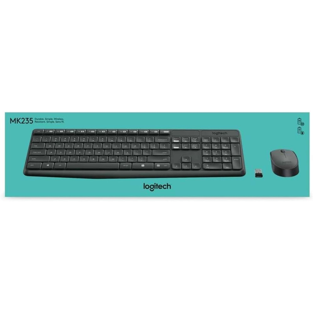 Logitech MK235 Kablosuz Klavye Mouse Seti, Tam Boyutlu Klavye, Sağ ve Sol Elle Kullanıma Uygun Optik İzlemeli Mouse, Sıvı Dökülmesine Dayanıklı, Türkçe Q Klavye, Siyah