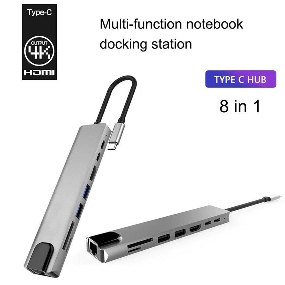 Type C To Hdmi Usb 3.0 Sd MicroSD 8in1 Kart Rj45 Ethernet Çevirici Dönüştürücü Adaptör 4681