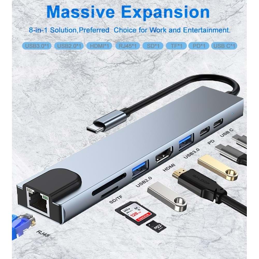 Type C To Hdmi Usb 3.0 Sd MicroSD 8in1 Kart Rj45 Ethernet Çevirici Dönüştürücü Adaptör 4681