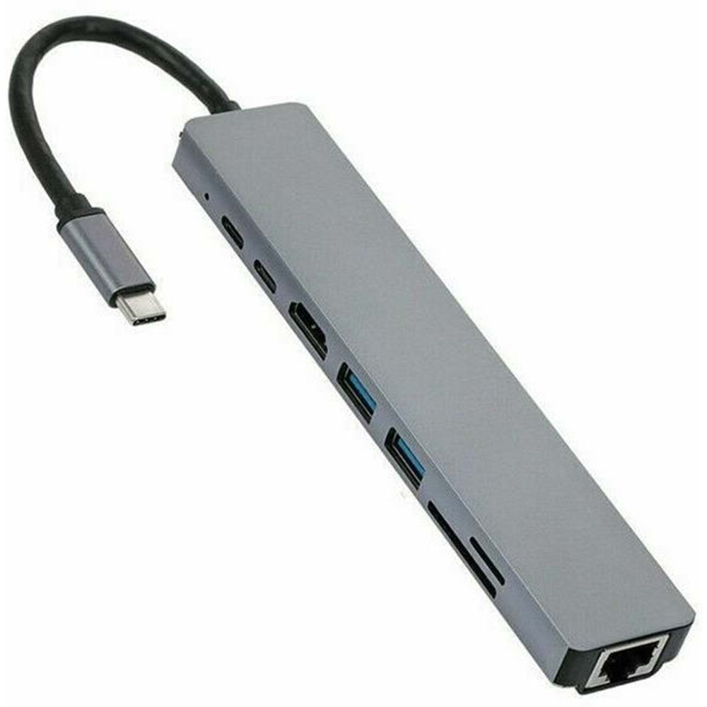 Type C To Hdmi Usb 3.0 Sd MicroSD 8in1 Kart Rj45 Ethernet Çevirici Dönüştürücü Adaptör 4681