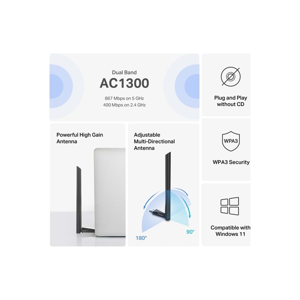 Mercusys MA30H, AC1300 Mbps, Çift Bant, USB 3.0, Yüksek Çekim Güçlü Wi-Fi 5 USB Adaptör