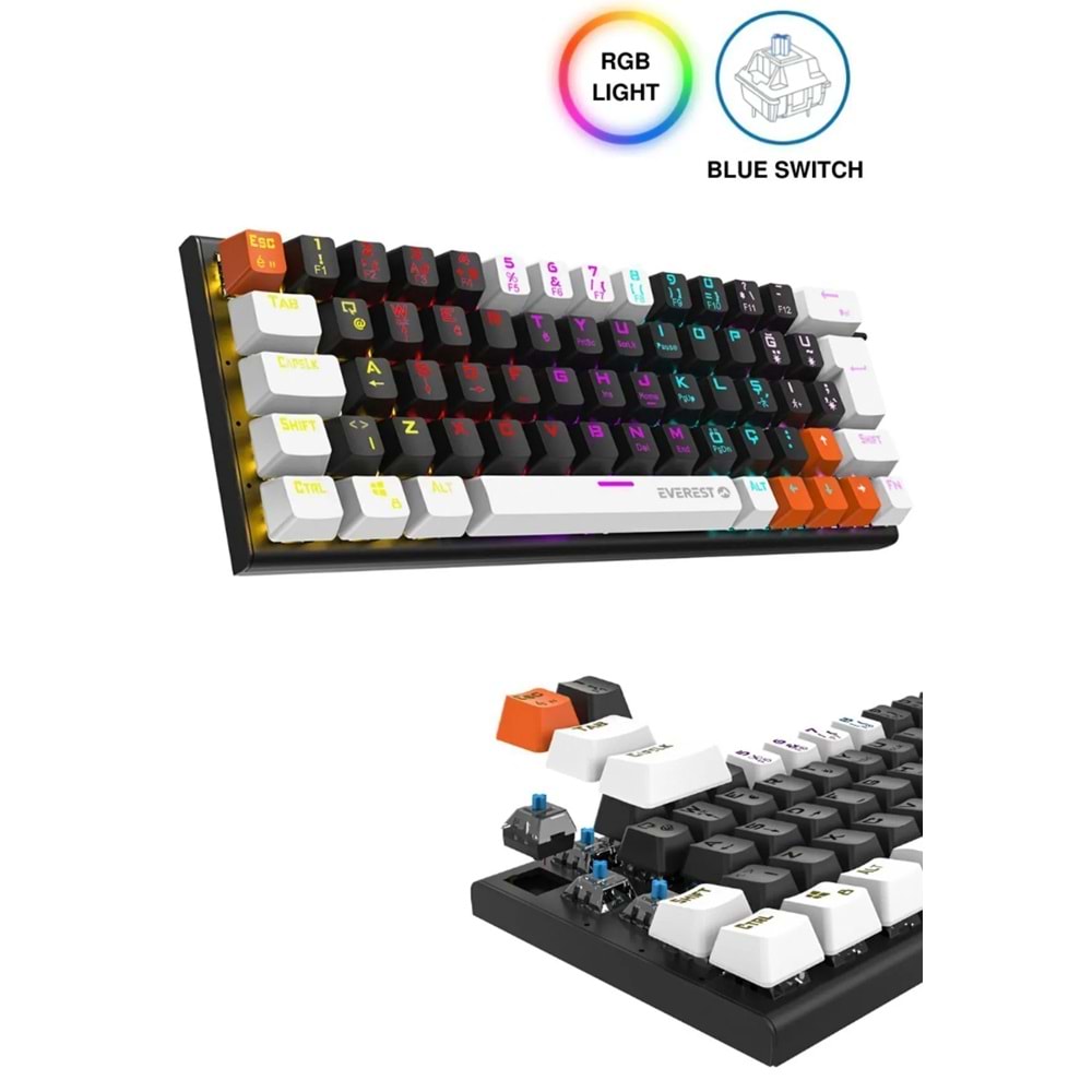Everest Parley Beyaz/siyah Rainbow Aydınlatma Türkçe Q Blue Switch Elektronik Mekanik Gaming Oyuncu Klavyesi
