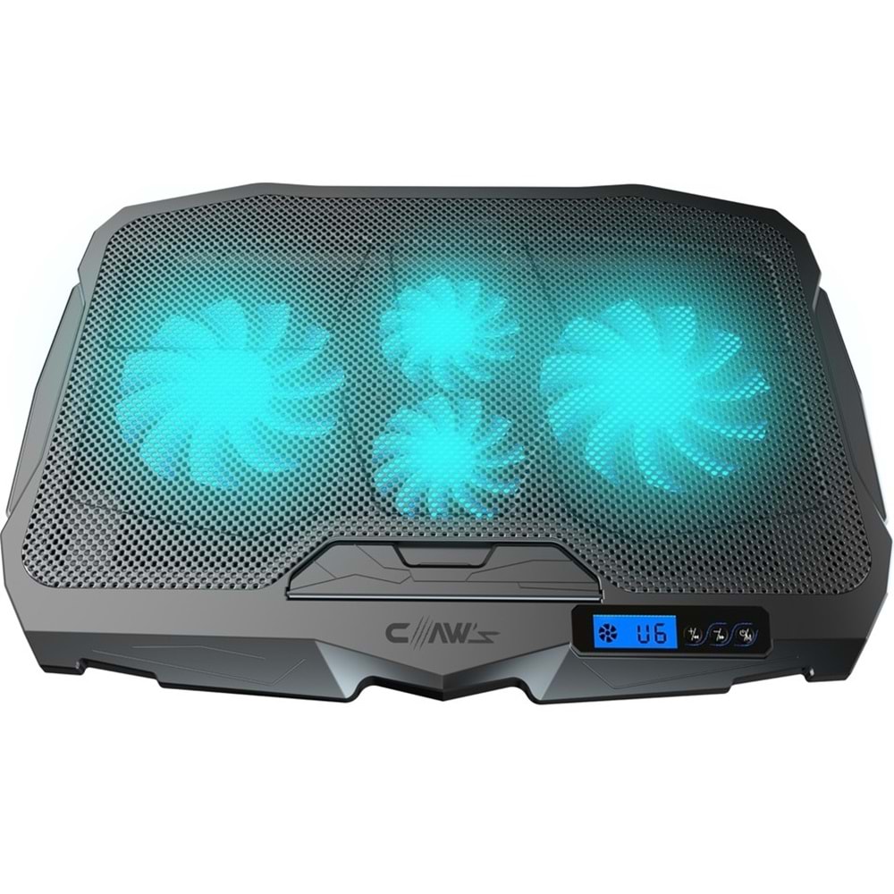 Claw's Tornado 4x Turbo LED Fan - Ayarlabilir Fan Hızı & 6 Farklı Stand Yükseklik Kademesi - 2 USB Portlu - Metal Mesh Zemin - LCD Ekranlı Notebook Soğutucu - Siyah (9