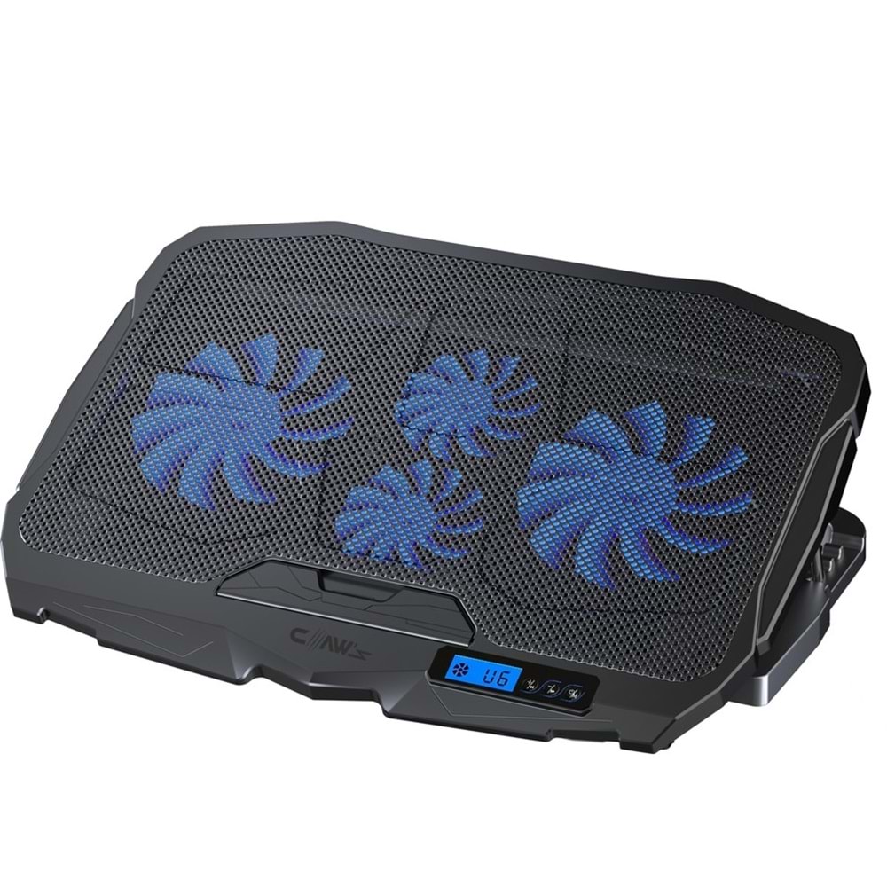 Claw's Tornado 4x Turbo LED Fan - Ayarlabilir Fan Hızı & 6 Farklı Stand Yükseklik Kademesi - 2 USB Portlu - Metal Mesh Zemin - LCD Ekranlı Notebook Soğutucu - Siyah (9