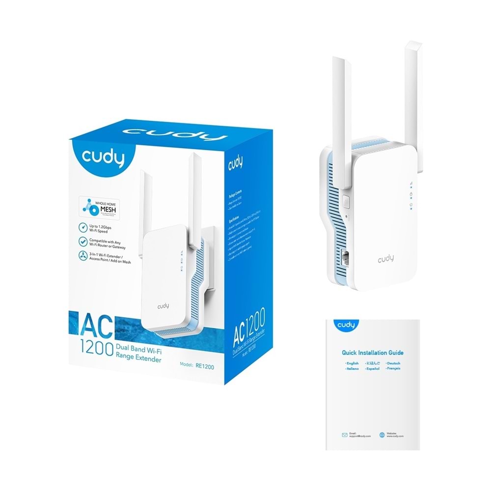 Cudy RE1200 5ghz 867MBPS, 2.4ghz 300MBPS, Wi-Fi Mesh Menzil Genişletici REPEATER (AC1200 Serisi)