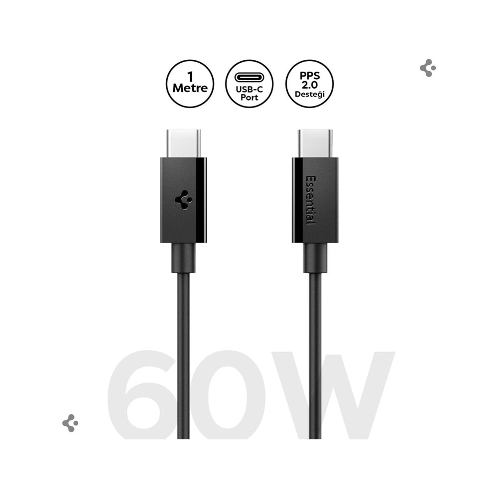 Spigen USB-C to USB-C 1 Metre Kablo 60W Güç / PPS 2.0 Super Hızlı Şarj / 480 Mbps Data Aktarım Hızı Type-C Ekstra Dayanıklı Black