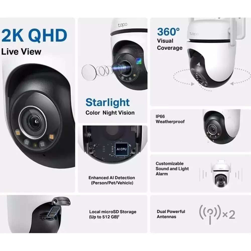 TP-LİNK TAPO C520WS 2K QHD GECE GÖRÜŞLÜ 512GB MİCRO SD DESTEKLİ DIŞ MEKAN Wİ-Fİ KAMERA