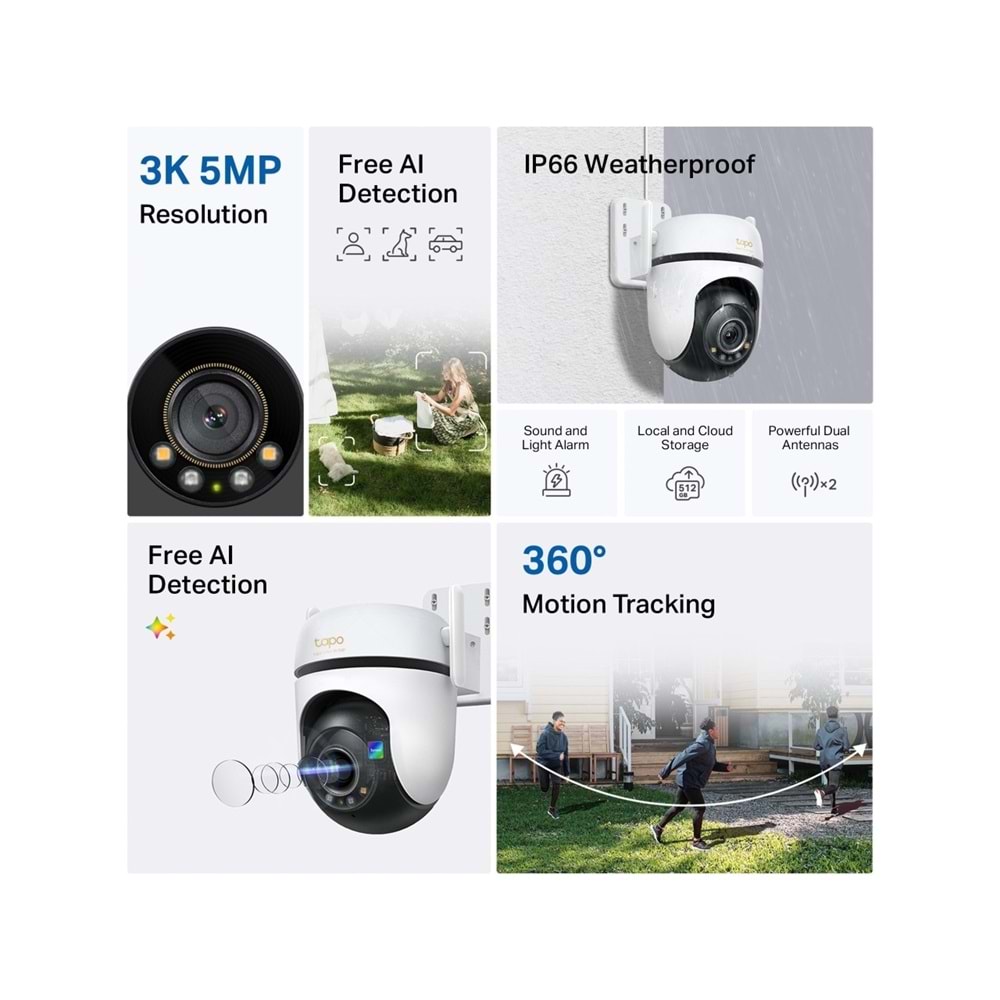 TP-LINK Tapo C530WS - 3K 5MP Dış Mekan Wi-Fi/Ethernet Güvenlik Kamerası, Hareket Tespit/Takibi, 360°, IP66, Renkli Gece Görüşü