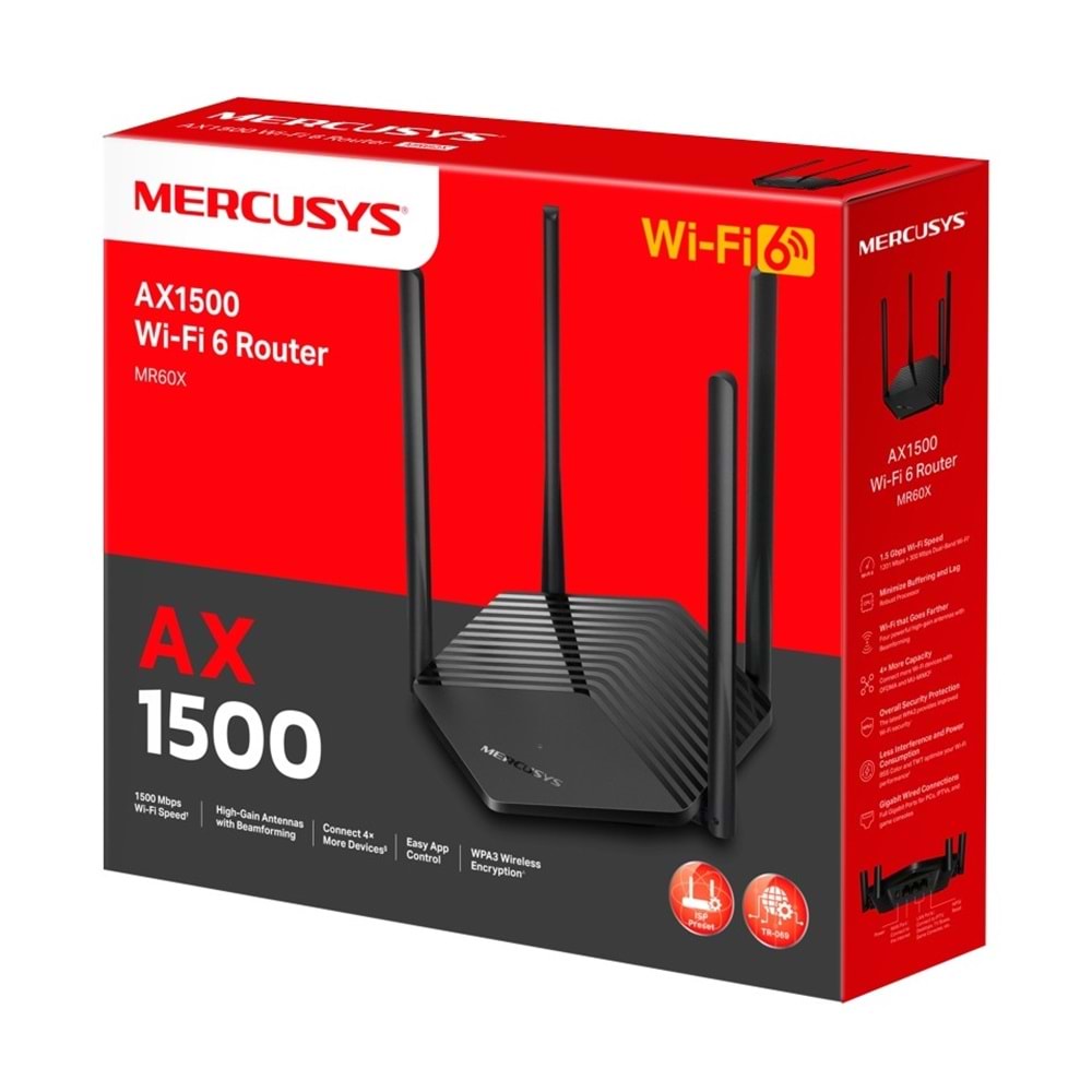Mercusys MR60X, AX1500 Mbps, Gigabit Portları, Fiber Destekli, Akıllı Bağlantı, WPA3, Mobil Uygulama ile Kolay Kurulum, VPN Destekli