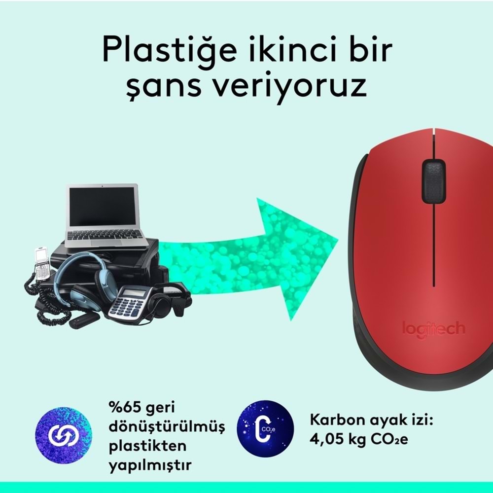Logitech M171 USB Alıcılı Kablosuz Kompakt Mouse - Kırmızı