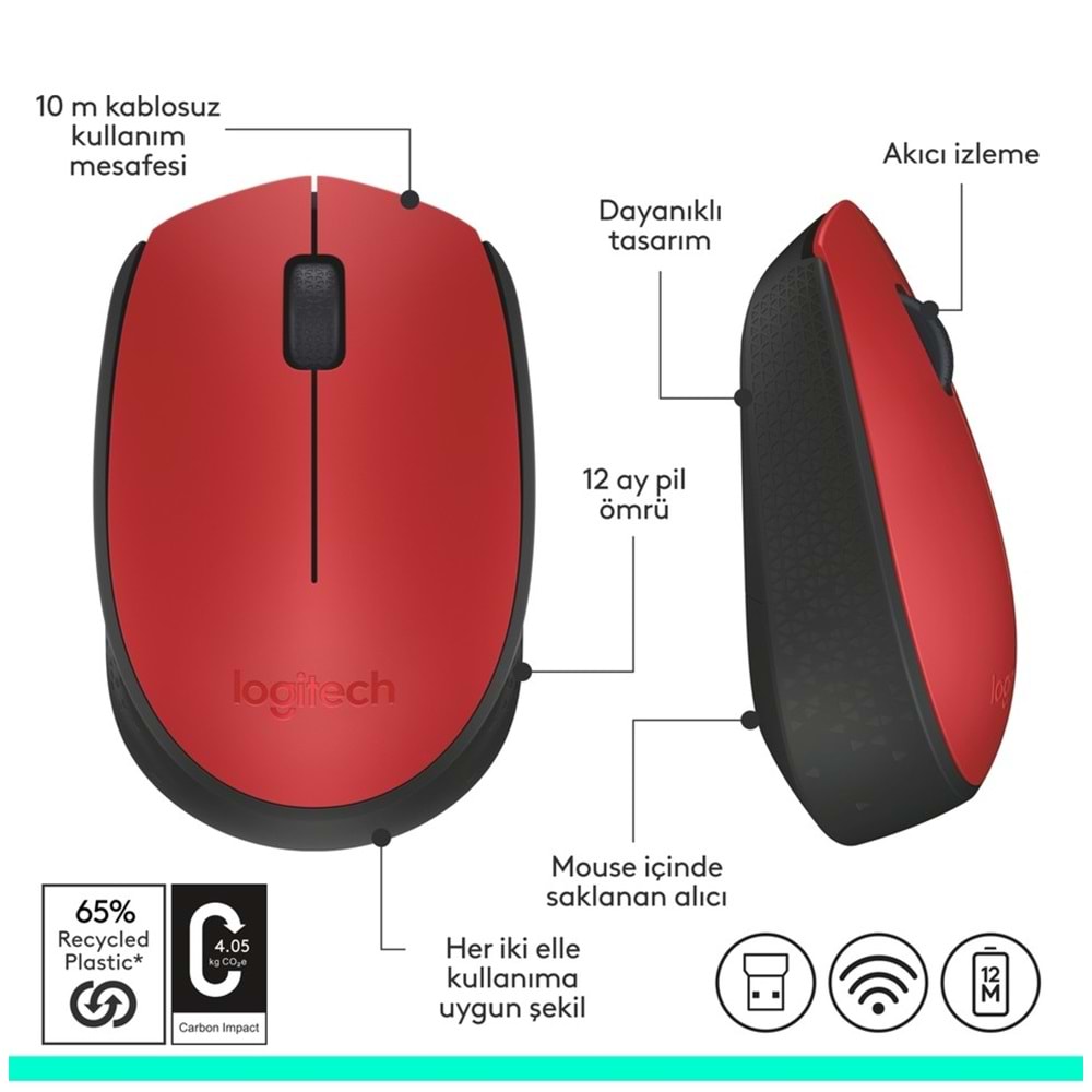 Logitech M171 USB Alıcılı Kablosuz Kompakt Mouse - Kırmızı