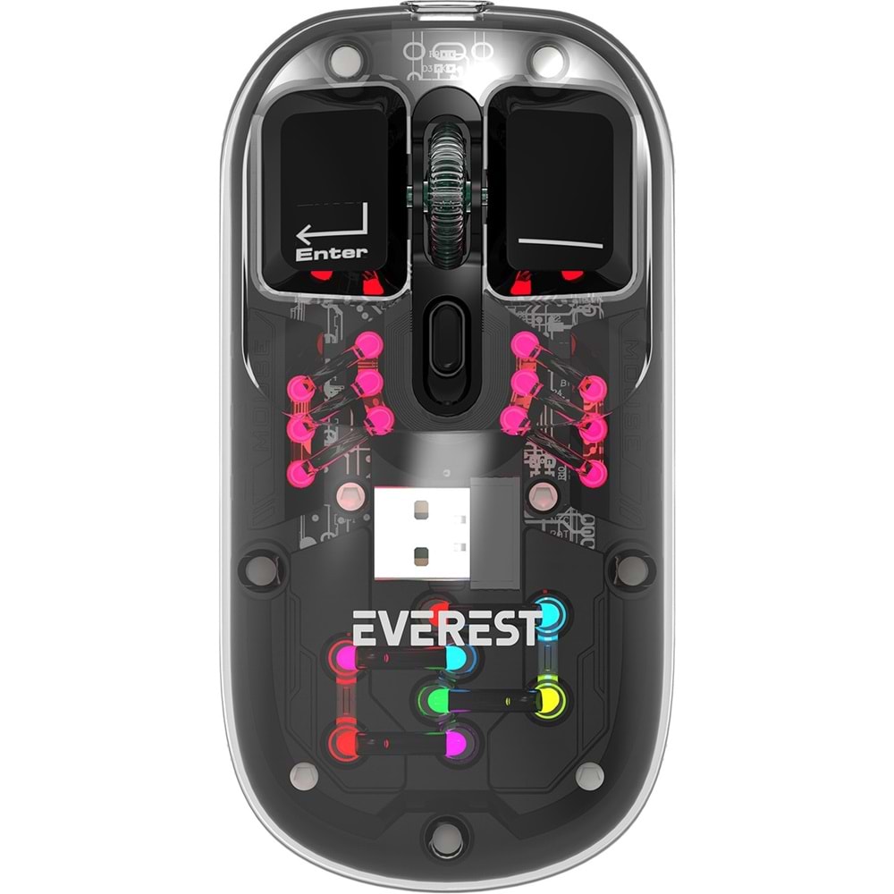 Everest SM-BT89 Opal Şarj Edilebilir Sessiz Siyah Transparan Rgb 2in1 2bt ve 2.4ghz Kablosuz Mouse