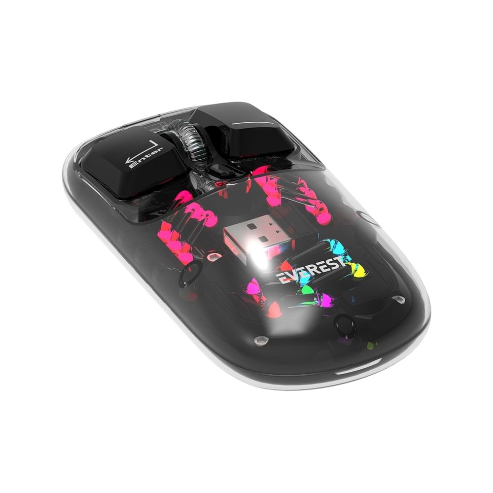 Everest SM-BT89 Opal Şarj Edilebilir Sessiz Siyah Transparan Rgb 2in1 2bt ve 2.4ghz Kablosuz Mouse