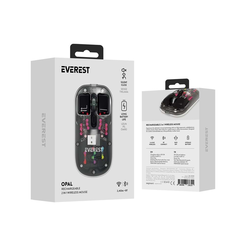 Everest SM-BT89 Opal Şarj Edilebilir Sessiz Siyah Transparan Rgb 2in1 2bt ve 2.4ghz Kablosuz Mouse