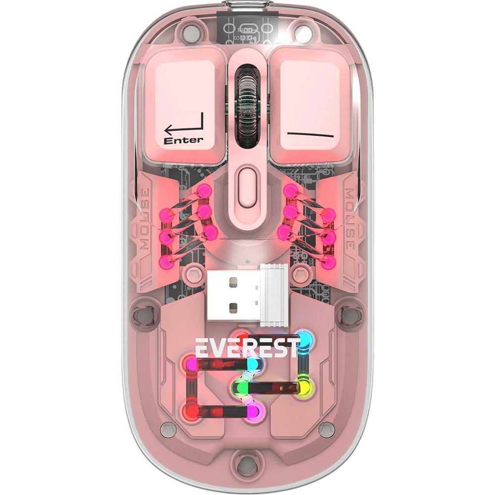 Everest SM-BT89 Opal Şarj Edilebilir Sessiz Pembe Transparan Rgb 2in1 2bt ve 2.4ghz Kablosuz Mouse