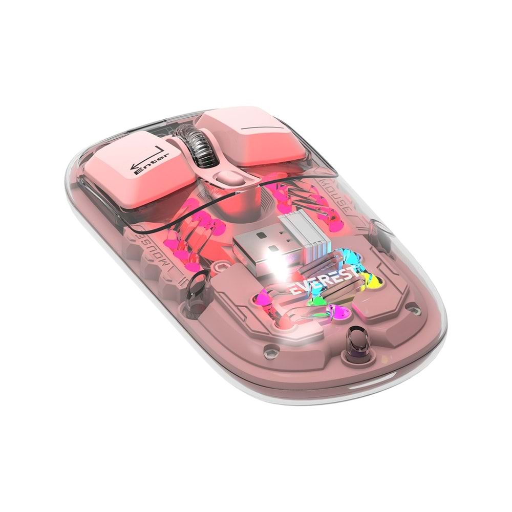 Everest SM-BT89 Opal Şarj Edilebilir Sessiz Pembe Transparan Rgb 2in1 2bt ve 2.4ghz Kablosuz Mouse