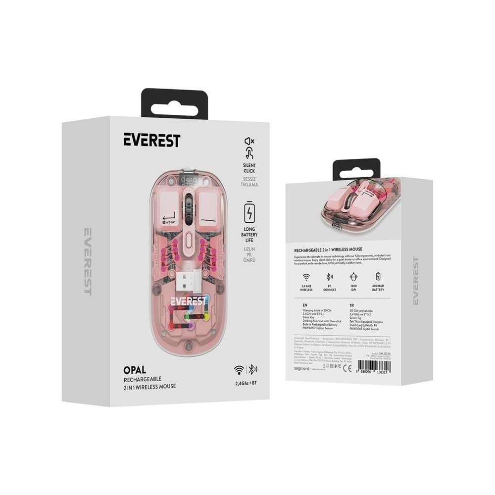 Everest SM-BT89 Opal Şarj Edilebilir Sessiz Pembe Transparan Rgb 2in1 2bt ve 2.4ghz Kablosuz Mouse