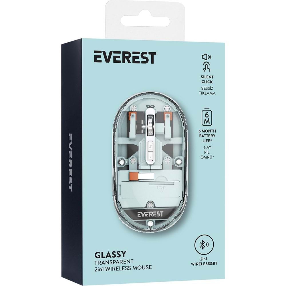 Everest SM-BT29 Glassy Mavi Transparan Şeffaf 2in1 Bluetooth ve 2.4ghz Kablosuz Mouse