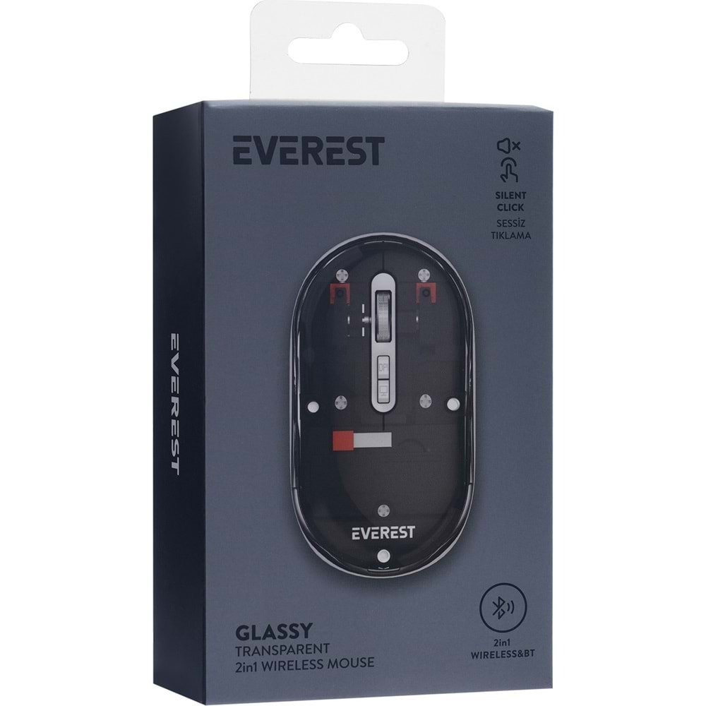 Everest SM-BT29 Glassy USB Siyah Transparan Şeffaf 2in1 Bluetooth ve 2.4ghz Kablosuz Mouse