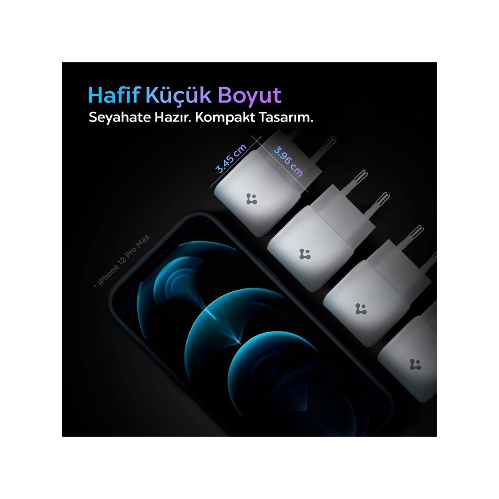 Spigen 20W USB-C Mini Hızlı Şarj Aleti/Şarj Isısını Düşürür GaN Destekli Akım Korumalı Güç Adaptörü iPhone & Android & iPad