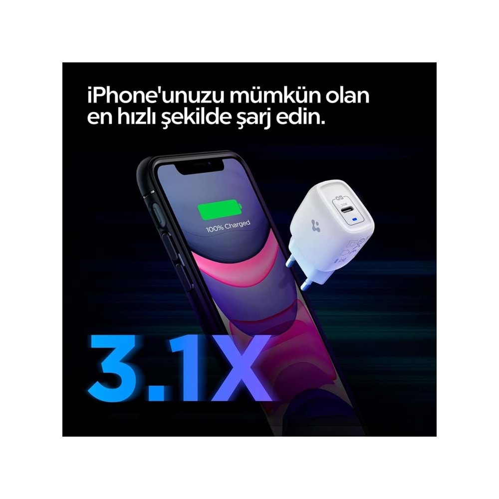 Spigen 20W USB-C Mini Hızlı Şarj Aleti/Şarj Isısını Düşürür GaN Destekli Akım Korumalı Güç Adaptörü iPhone & Android & iPad