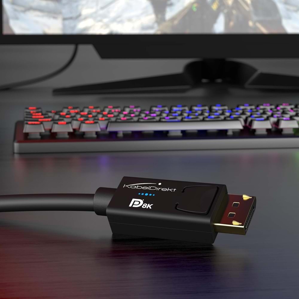 KabelDirekt – 2m – DisplayPort kablosu, DP 1.4, VESA sertifikalı (60Hz'de 8K, 144hz, HDR10-oyun monitörleri için ideal, Freesync/G-Sync, resmi olarak VESA yönergelerine göre test edilmiştir, siyah)