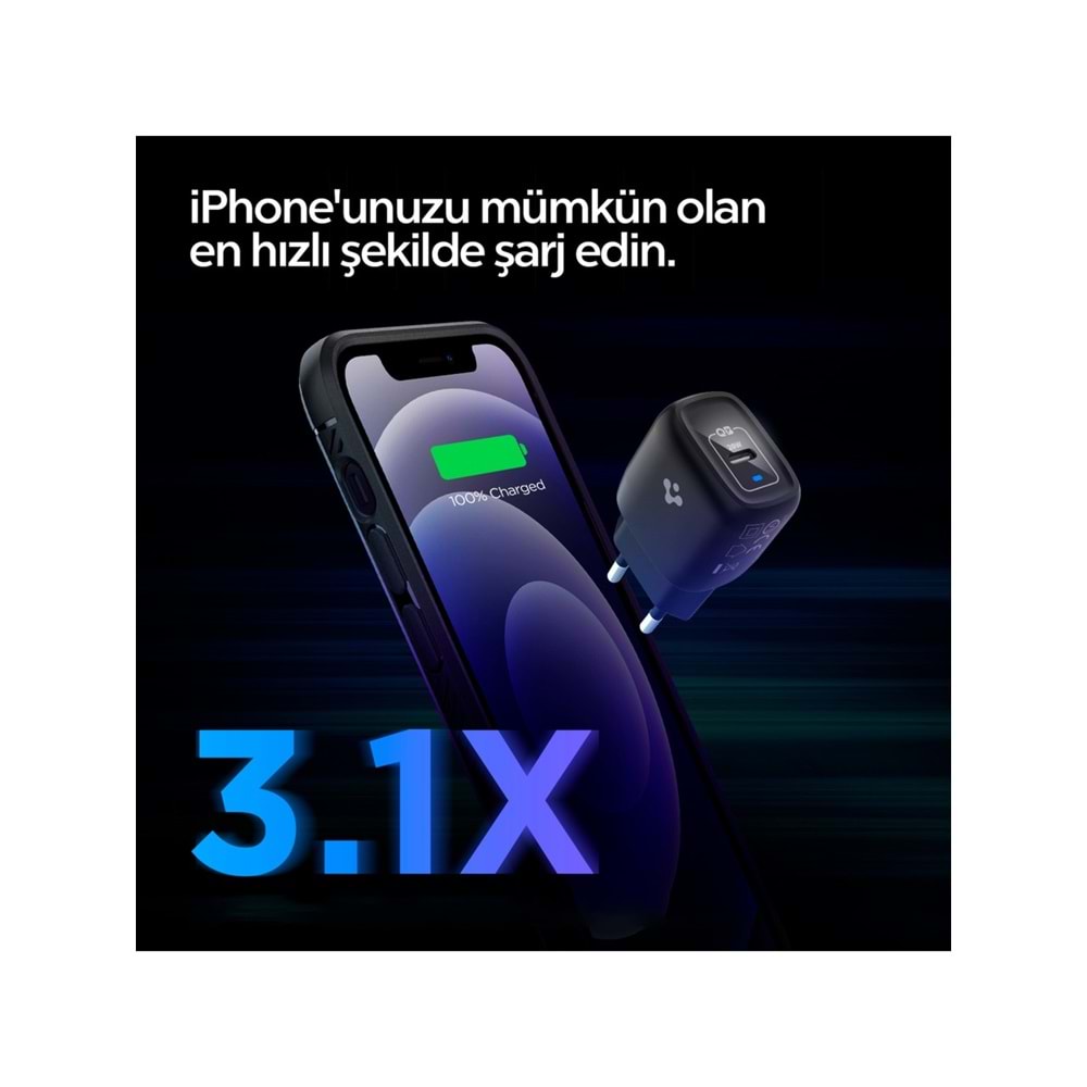 Spigen 20W USB-C Mini Hızlı Şarj Aleti/Şarj Isısını Düşürür GaN Destekli Akım Korumalı Güç Adaptörü iPhone & Android