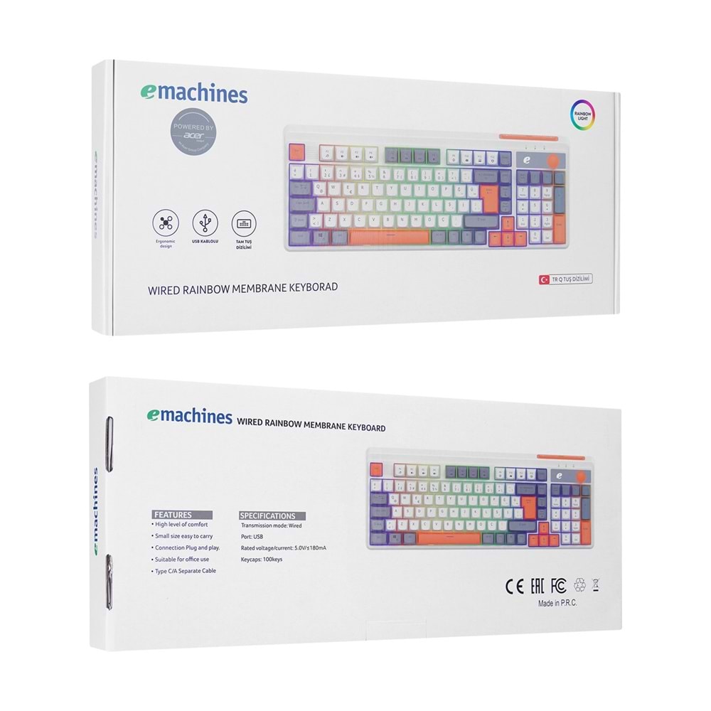 Acer eMachines EAK860 Beyaz USB Rainbow Aydınlatmalı Q Standart Kompakt Klavye