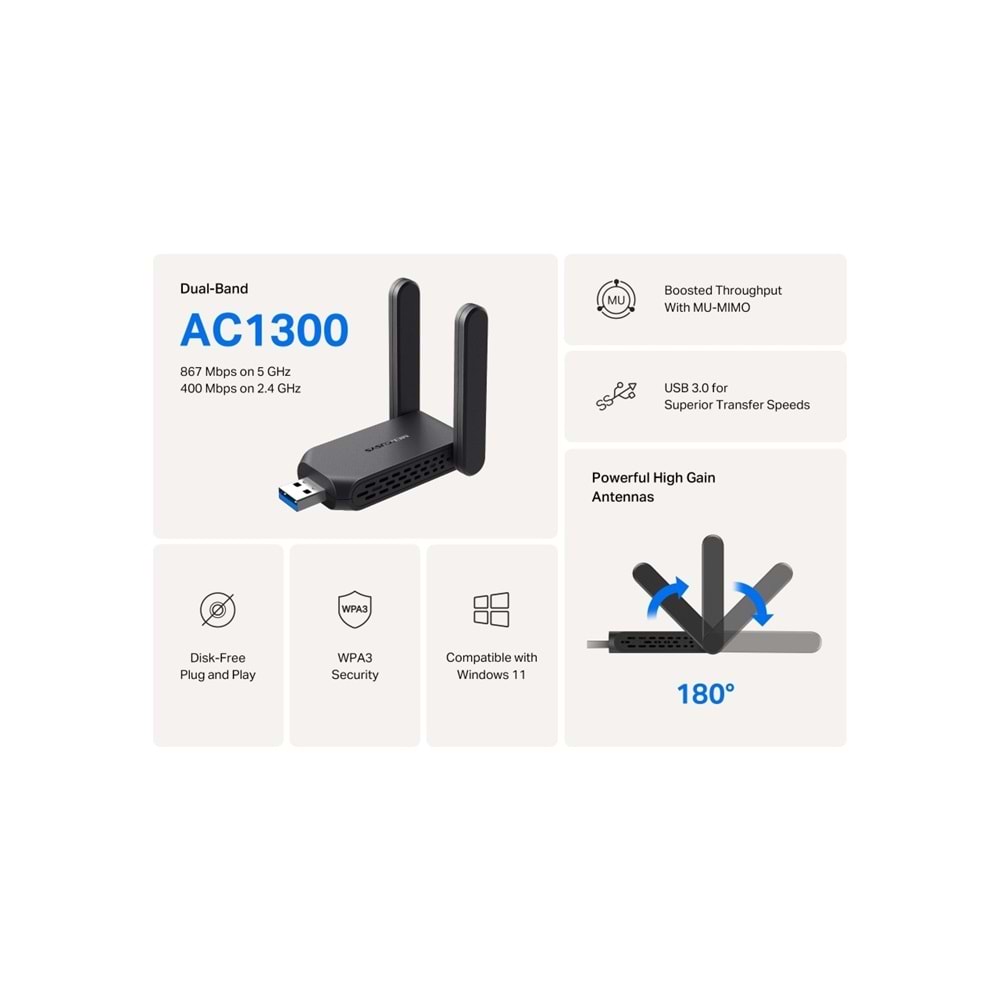 Mercusys MA32H, AC1300 Mbps, Çift Bant, USB 3.0, Yüksek Çekim Güçlü Wi-Fi 5 USB Adaptör