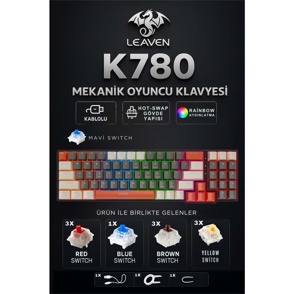 Leaven K780 Kompakt Mekanik Oyuncu Klavyesi-Hot swap-78 Tuş Switch li - Mavi Switch