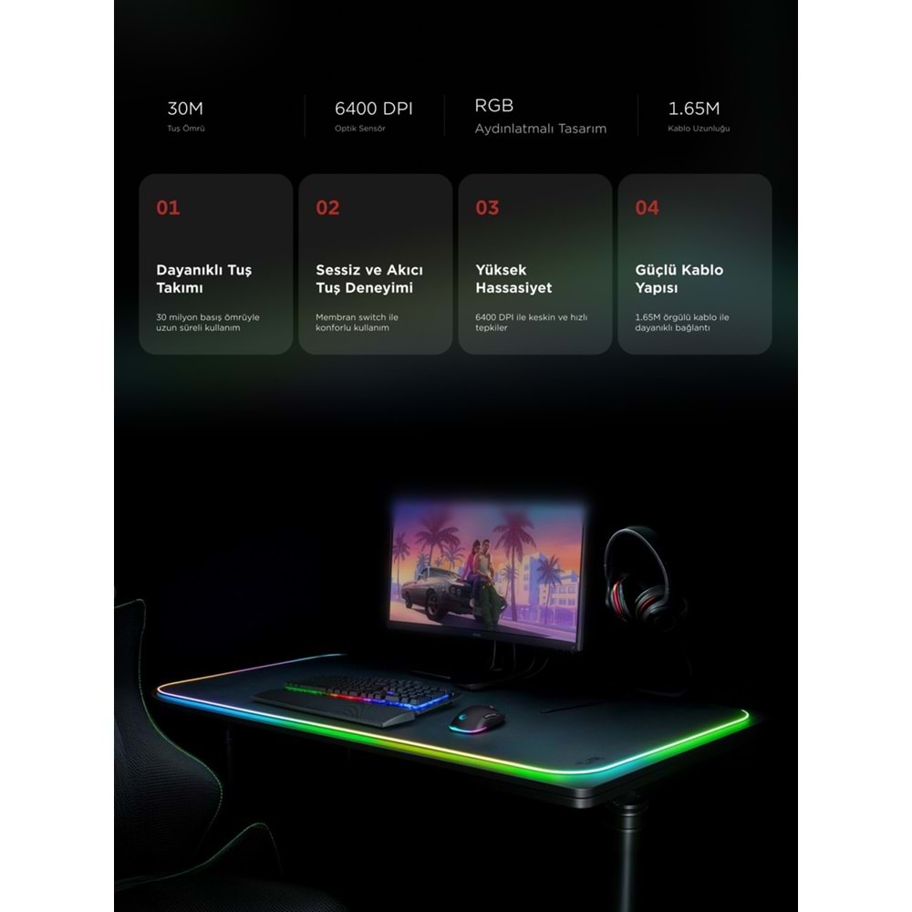 Rampage KM-RX7 FORTUNA Gökkuşağı Aydınlatmalı USB Gaming Combo Q Gaming Klavye + 6400 dpi Mouse