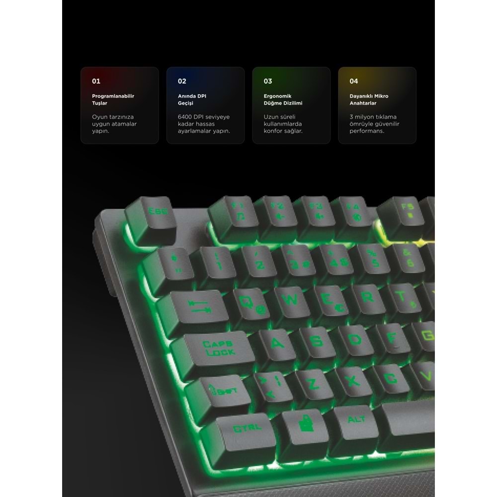 Rampage KM-RX7 FORTUNA Gökkuşağı Aydınlatmalı USB Gaming Combo Q Gaming Klavye + 6400 dpi Mouse