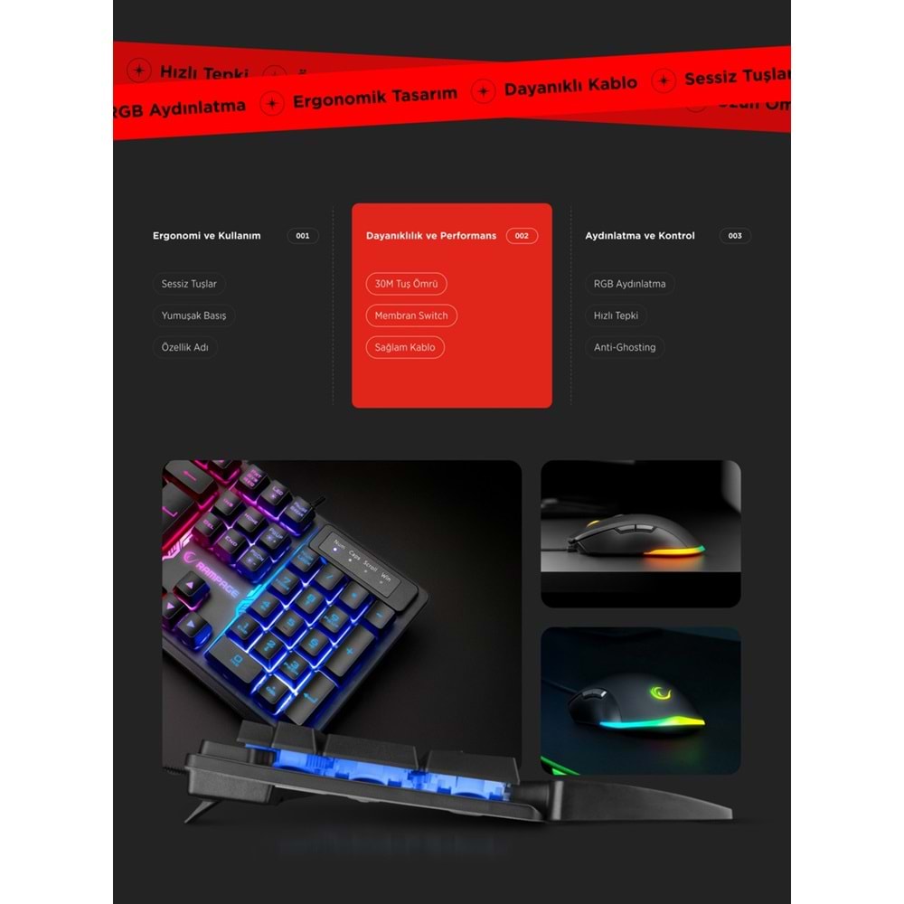 Rampage KM-RX7 FORTUNA Gökkuşağı Aydınlatmalı USB Gaming Combo Q Gaming Klavye + 6400 dpi Mouse