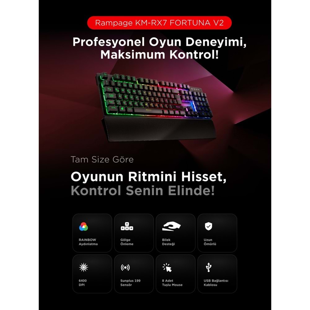 Rampage KM-RX7 FORTUNA Gökkuşağı Aydınlatmalı USB Gaming Combo Q Gaming Klavye + 6400 dpi Mouse