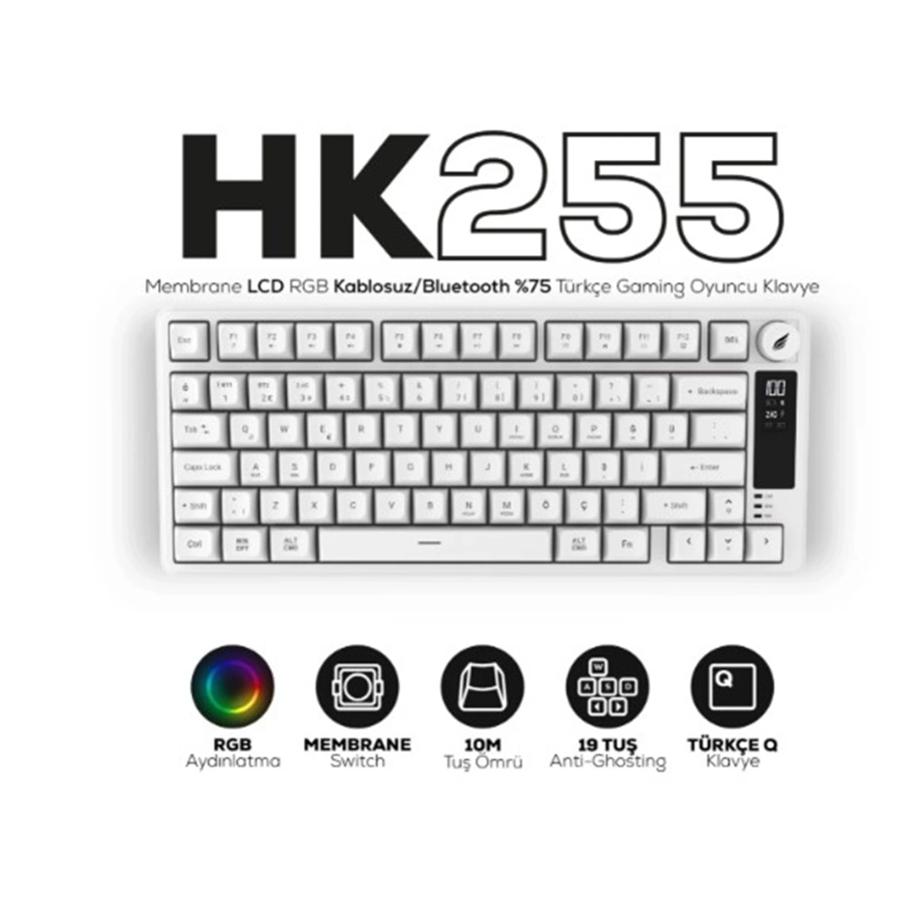 Hawk Gaming HK255W Membrane LCD RGB Kablosuz/Bluetooth Beyaz %75 Türkçe Gaming Klavye