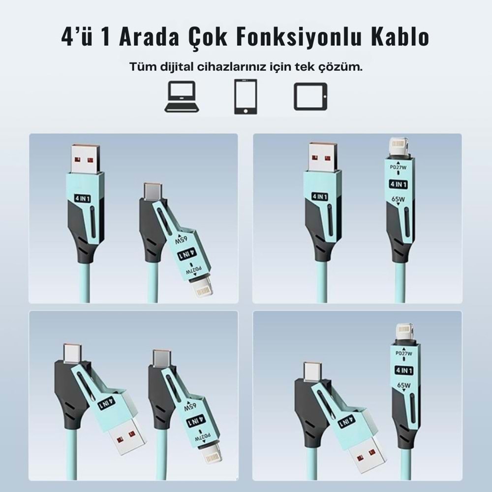 USB Type-C Lightning 4'ü 1 Arada 65W PD Hızlı Şarj Data Kablosu 1.5m Spiral Çevirici 6008
