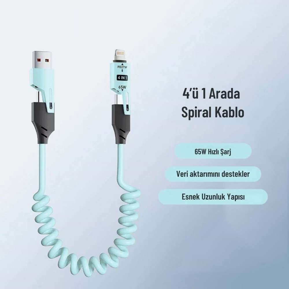 USB Type-C Lightning 4'ü 1 Arada 65W PD Hızlı Şarj Data Kablosu 1.5m Spiral Çevirici 6008