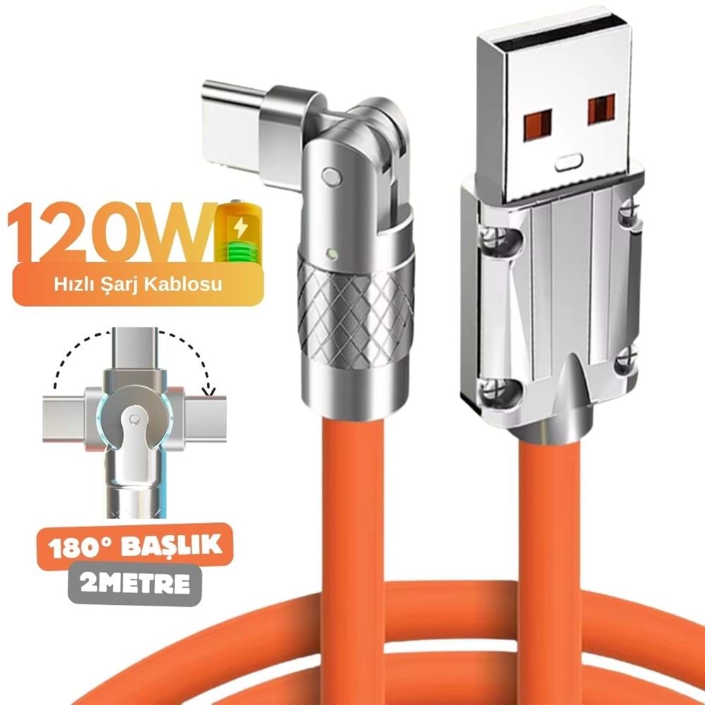 Usb To Type C Hızlı Şarj Data Kablosu 2Metre Çevirici Dönüştürücü Adaptör 180° Döner 120W 2M 6016
