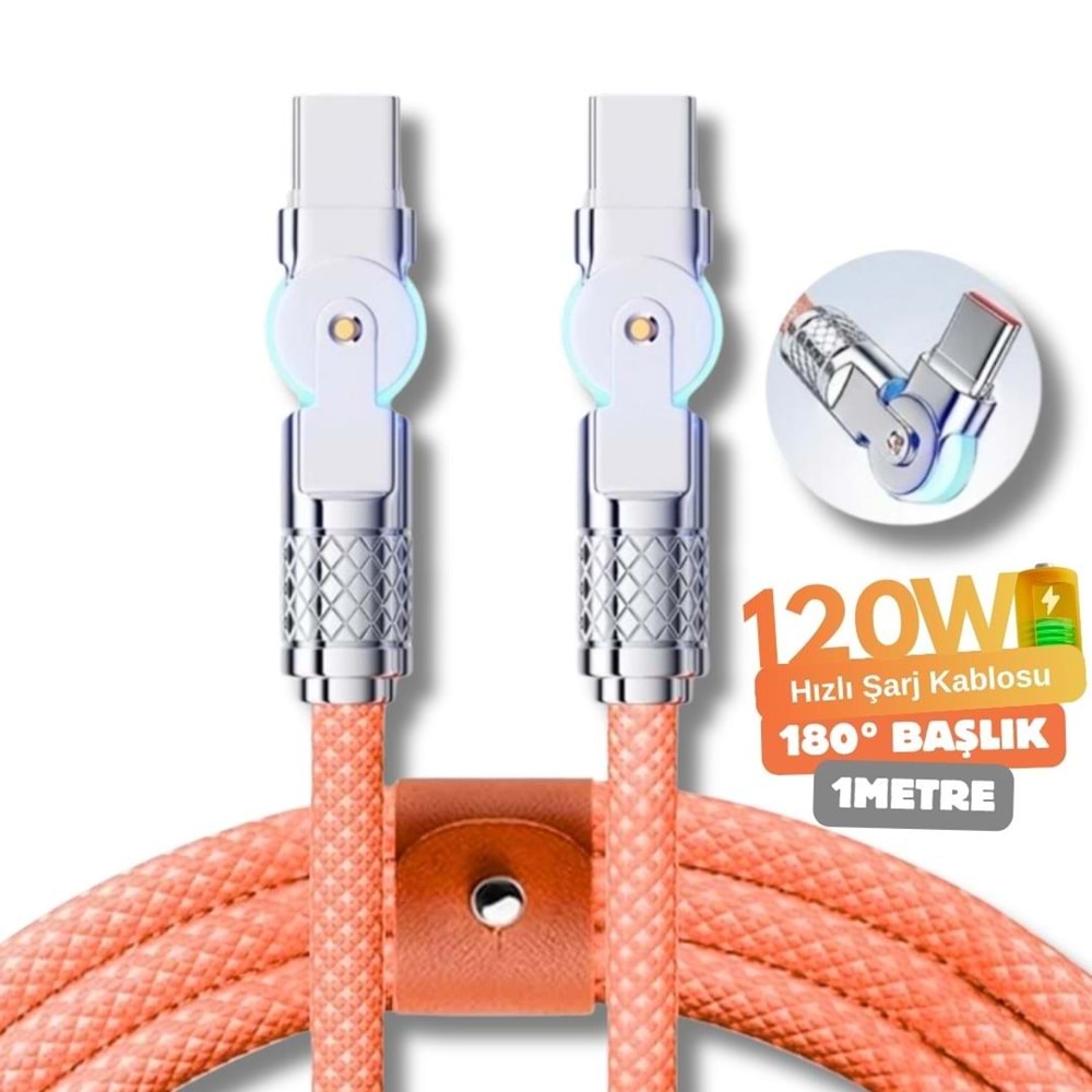 Type C To Hızlı Şarj Data Kablosu 1 M Çevirici Dönüştürücü Adaptör 180° Döner 120W 1M 6017