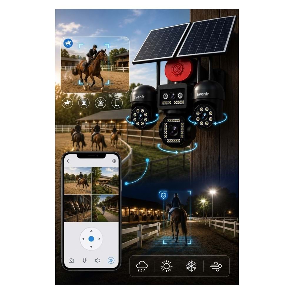 AVENİR AV-S446 4 Kameralı Sirenli 3 Motorlu+ 1 Sabit 8mp E Sim 4g Sim Kartlı Ptz Kamera